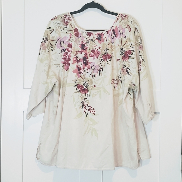 Catherine's Linen & Cotton Tunic Size 2X  22/24W Ivory Green Pink Flowers - Picture 10 of 14